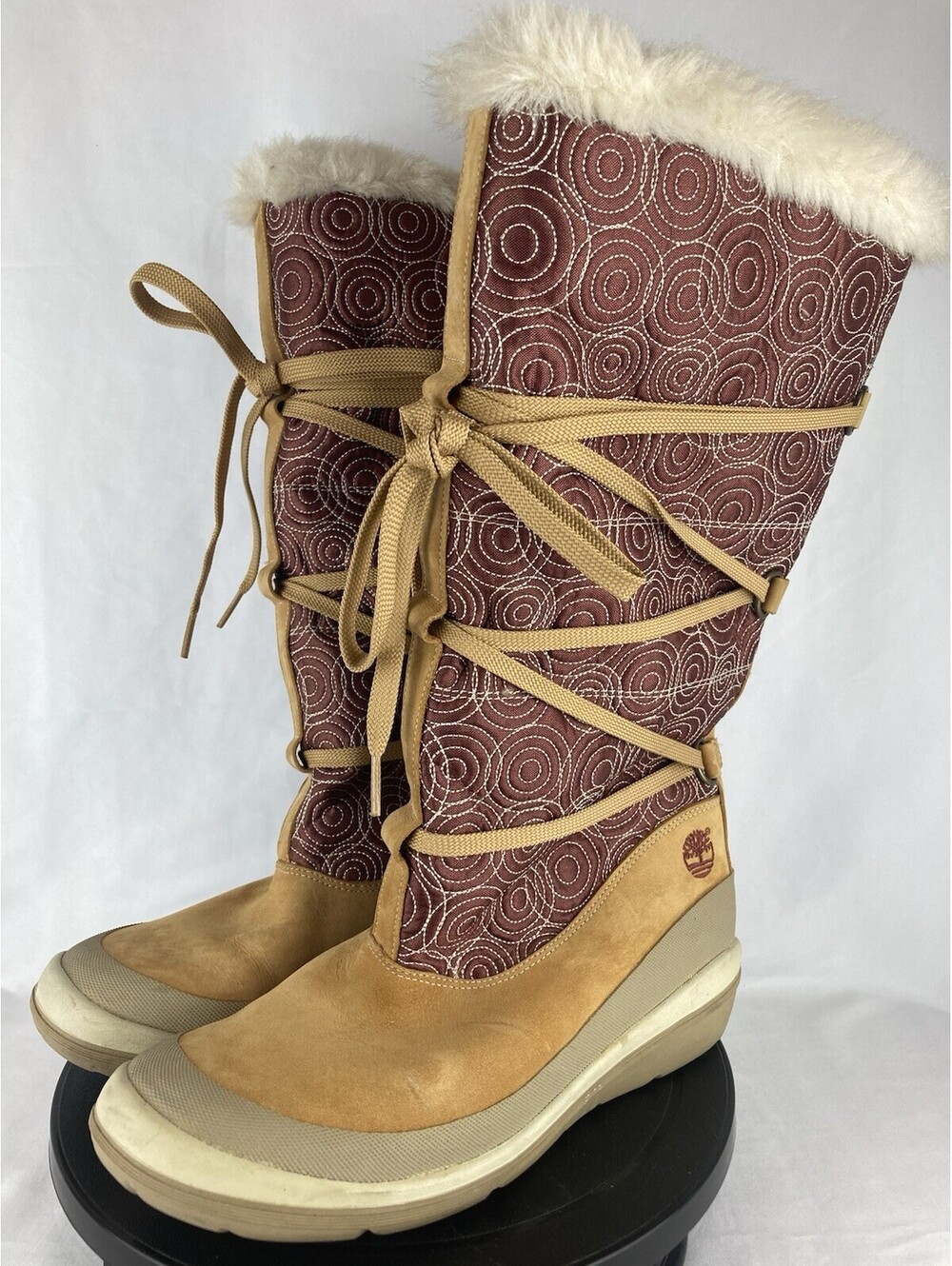 Women’s 9.5 Timberland Tall Snow Winter Boots Faux Fur Trim Lace Up 74349 Tan